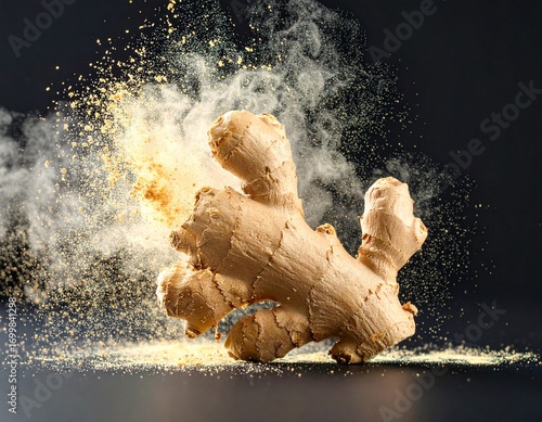 A Whole Ginger Root with Powder Exploding in a Dynamic Studio Shot, Showcasing its Natural Spice and Aroma