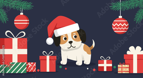 This Flat Design vector illustration features a cute pet, a dog wearing a Santa hat, playfully interacting with minimalist Christmas gifts