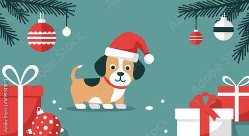 This Flat Design vector illustration features a cute pet, a dog wearing a Santa hat, playfully interacting with minimalist Christmas gifts