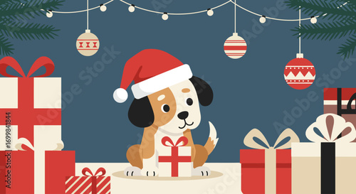 This Flat Design vector illustration features a cute pet, a dog wearing a Santa hat, playfully interacting with minimalist Christmas gifts