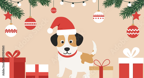 This Flat Design vector illustration features a cute pet, a dog wearing a Santa hat, playfully interacting with minimalist Christmas gifts