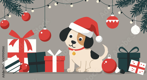 This Flat Design vector illustration features a cute pet, a dog wearing a Santa hat, playfully interacting with minimalist Christmas gifts