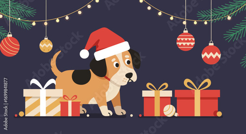 This Flat Design vector illustration features a cute pet, a dog wearing a Santa hat, playfully interacting with minimalist Christmas gifts