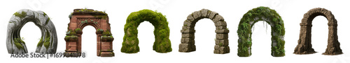 Ancient archway set including various stone, moss-covered, carved sandstone, and vine-draped designs isolated. Architectural elements for digital design and fantasy worlds.