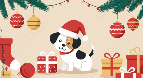 This Flat Design vector illustration features a cute pet, a dog wearing a Santa hat, playfully interacting with minimalist Christmas gifts
