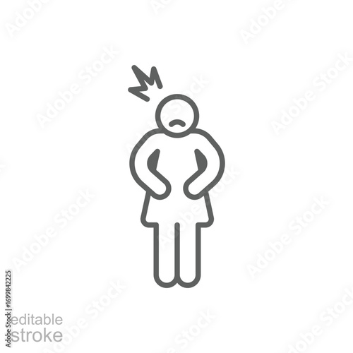 Hungry woman icon. Simple outline style. Poor woman, hunger, stomach, pain, holding, person, abdominal, adult, constipation, sad people concept. Thin line symbol. Isolated design editable stroke.