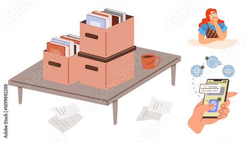 Stacked boxes with files on a table, scattered papers, a person pondering ideas, and a phone scanning for solutions. Ideal for organization, productivity, workflow, digital tools, creativity
