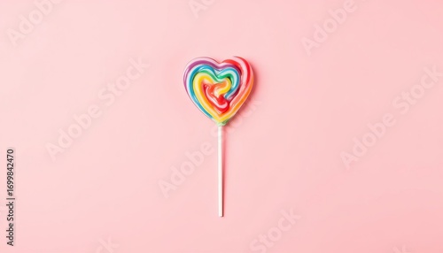 Rainbow heart lollipop with colorful swirl pattern on stick. Sweet candy confectionery dessert. Isolated on pink background for Valentine Day.