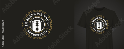 Classic barbershop logo featuring a vintage razor design, surrounded by a decorative curve with a motivational quote. Logo is printed on a black t-shirt, creating a stylish and professional look