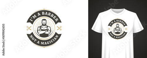 Funny barbershop badge with confident male figure, bold humorous phrase and scissors icon, ideal for retro apparel and vintage shirt designs. Vector illustration