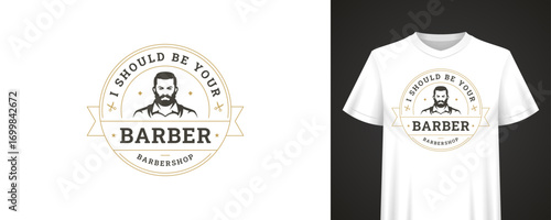 Retro barbershop logo design featuring bearded man, circular badge layout, stylish decorative details and bold message for apparel and merchandise. Vector illustration