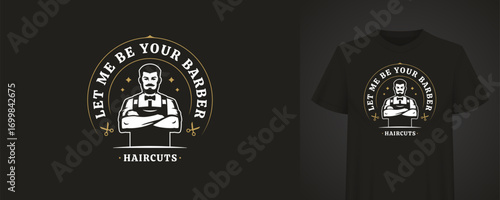 Professional barber logo featuring a confident man with a beard and bow tie, surrounded by scissors and a stylish curve. Perfect for barbershop branding or t-shirt design. Vector illustration