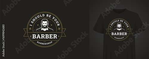 Modern barber logo featuring a stylish beard man, retro typography, and a vintage design. Ideal for barbershop branding and t-shirt prints. Vector illustration