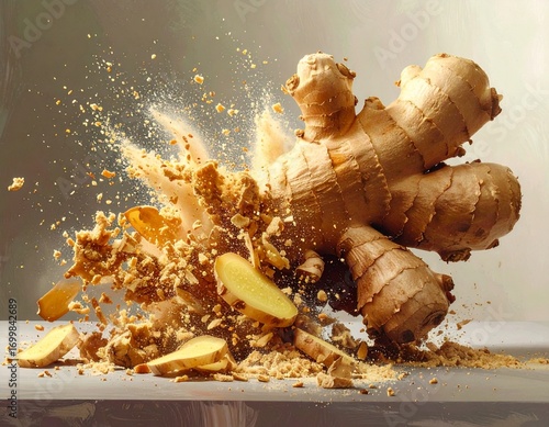 A powerful burst of organic ginger root with aromatic powder and fresh slices exploding, symbolizing the potent flavor and health benefits of this natural spice