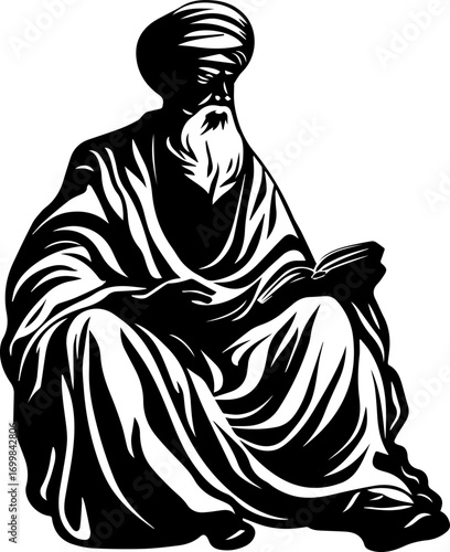 Wise elder in traditional robes deeply engrossed in reading a sacred text