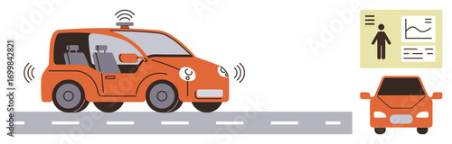 Self-driving car emitting radar signals as it drives on a road, accompanied by a display of analytical data panels. Ideal for technology, AI, transport, innovation, safety, automation, mobility
