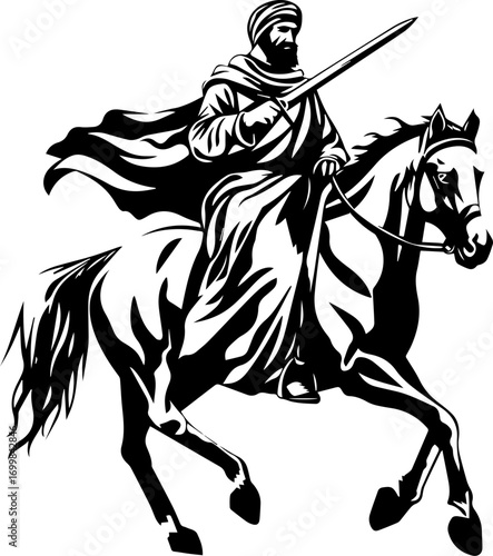 Bold warrior on horseback charges forward with sword raised, embodying strength and courage