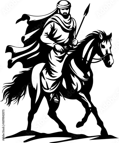 Brave warrior in traditional attire rides horse with spear, embodying strength and heritage