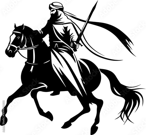 Bold Arabian warrior on horseback with sword, embodying strength and heritage