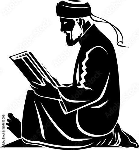 Wise scholar deeply engrossed in ancient text, seeking knowledge and spiritual enlightenment