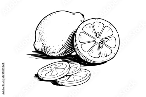 Whole lemon, halved lemon, and slices in hand-drawn sketch style on white background, representing citrus fruit and organic food concept