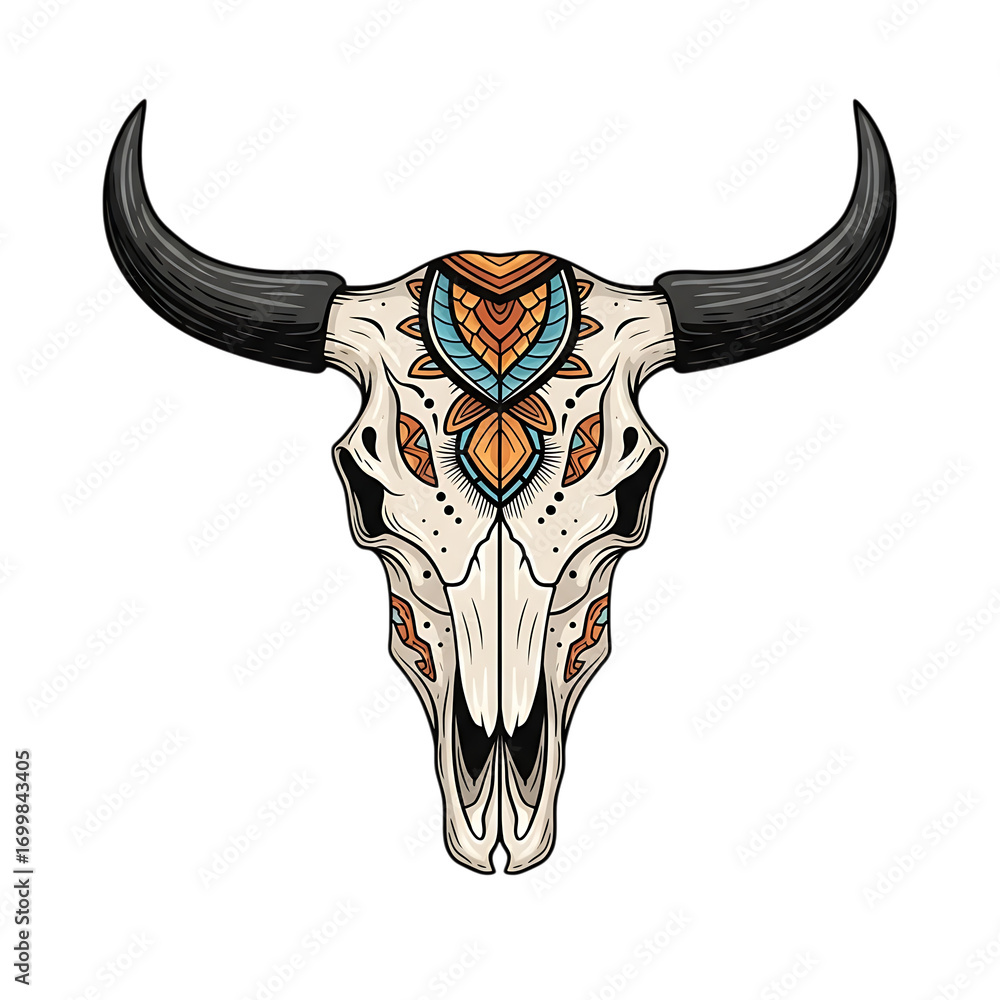 Fototapeta premium Detailed illustration of a bull skull with tribal ornaments isolated on transparent background