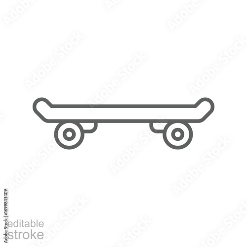 Skateboard icon. Simple outline style. Skate, board, wheel, skater, youth, street, city sport, fun, urban, transportation, recreation concept. Thin line symbol. Isolated design editable stroke.