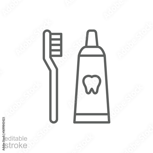 Toothbrush and toothpaste icon. Simple outline style. Toiletries, brush, tooth, paste, hygiene, oral, health, bathroom, dentist care concept. Thin line symbol. Isolated design editable stroke.