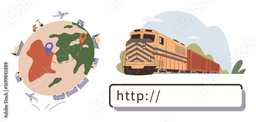 Globe with transport modes thumbs up airplanes, trucks, ships, and trains, rail cargo beside web address bar. Ideal for logistics, trade, connectivity, supply chain global business export import