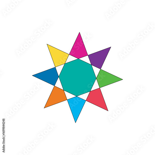 Abstract vibrant geometric nonagram symbol with nine points made of colorful triangles and a central nonagon