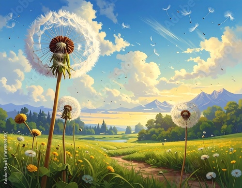 Wallpaper Mural Serene landscape of dandelion meadow, gentle breeze, and distant mountains Torontodigital.ca