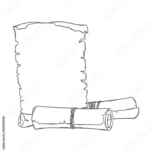 Vector sketch of an old sheet of paper and scrolls rolled into a roll. Ancient manuscript. Empty template for text in antique style. Imitation of engraving technique. Linear drawing in ink.