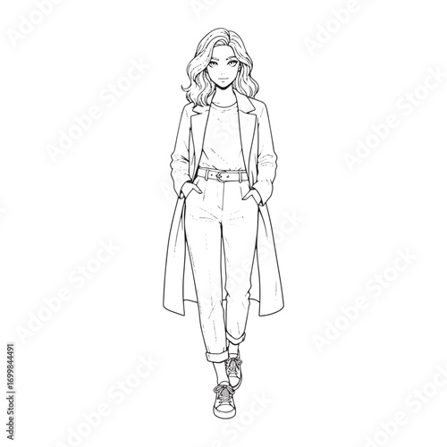 Stylish young woman in a trench coat, anime manga style fashion illustration. Black and white line art drawing for coloring book page.

