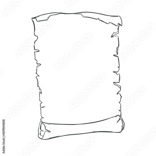 Vector sketch of an old sheet of paper on a white background. Blank sheet, template for a letter or diploma. Ancient scroll, old manuscript. Linear ink drawing. Imitation of engraving technique.