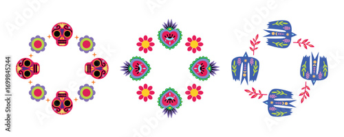 Vibrant Mexican Folk Art Frame Vector Illustration Set. Includes sugar skulls, floral patterns, and stylized birds arranged in circular designs.