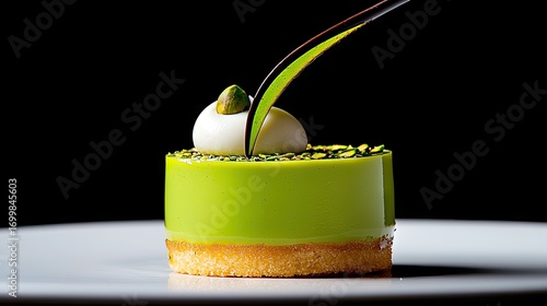 Intricate pistachio dessert presentation on a plate.