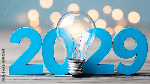 Creative Light Bulb With 2029 Decoration on Wooden Surface, Symbolizing New Ideas and Fresh Beginnings for the Coming Year