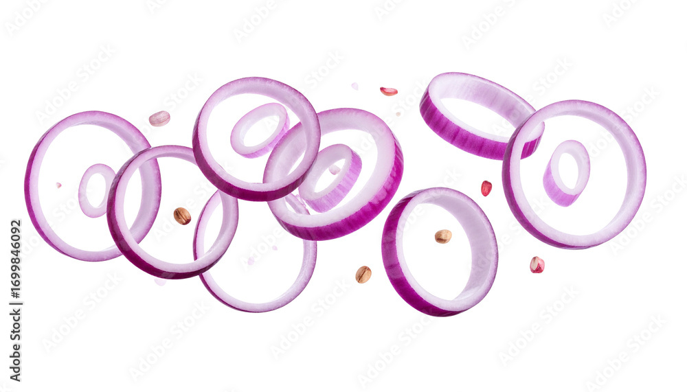 Obraz premium Red onion rings falling isolated on solid white background Png