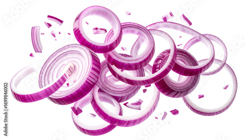 Red onion rings falling isolated on solid white background Png format
