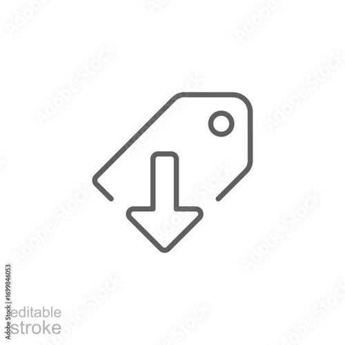 Price reduced icon. Simple outline style. Price tag with down arrow, low, cheap, cost, discount, reduction, promo, clearance, business concept. Thin line symbol. Isolated design editable stroke.