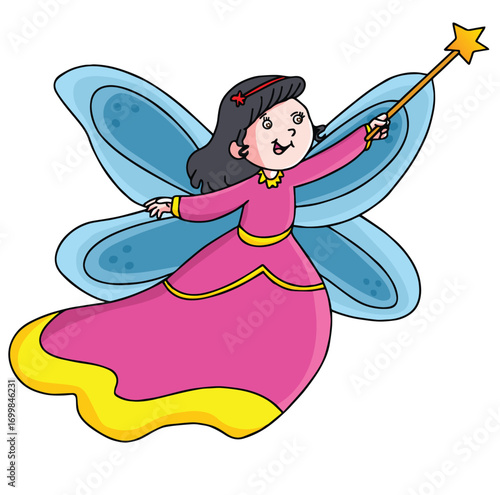 Cute cartoon hand drawn vector flying fairy princess with magic band clipart.