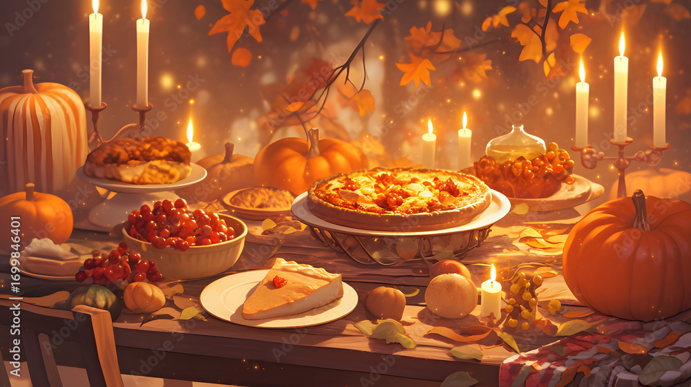 Obraz premium Pumpkin pie glowing under candlelight autumn