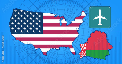 Vector political economic poster. Maps of USA and Belarus in colors of national flags. Square green road information sign. Airport and silhouette of long-haul aircraft. Airline without sanction