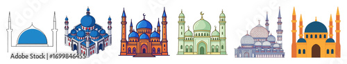 Wallpaper Mural Mosque architecture set including diverse styles, vibrant colors, minarets, and domes isolated. Islamic cultural and religious building collection. Torontodigital.ca