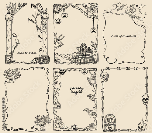 Hand-drawn Halloween whimsical vector frames set