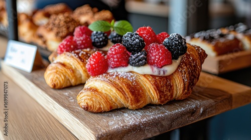 Wallpaper Mural Two croissants topped with berries and cream, displayed on a wooden board. Torontodigital.ca