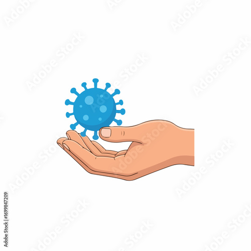 Vector illustration of hand holding blue virus cell, perfect for health awareness, pandemic prevention poster, medical education and science infographic design