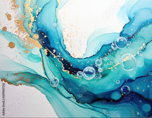Gilded Oceanic Current Abstract Fluid Art with Luminous Bubbles.