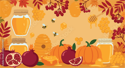 Autumn harvest banner with honey, pumpkins and pomegranate, great for farm market promotion, organic food poster, seasonal event and nature design