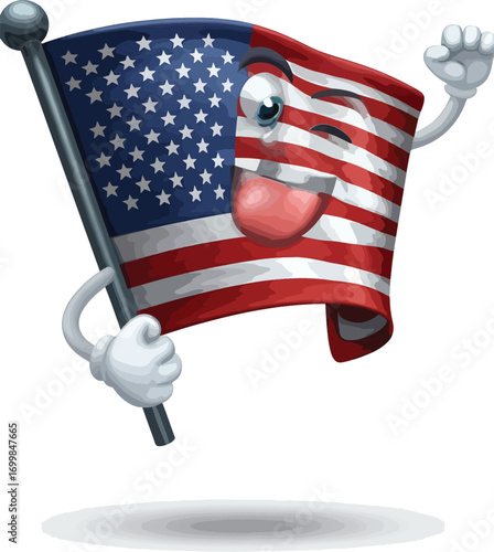 Whimsical American flag character waving with a wink and playful expression, celebrating freedom and patriotism